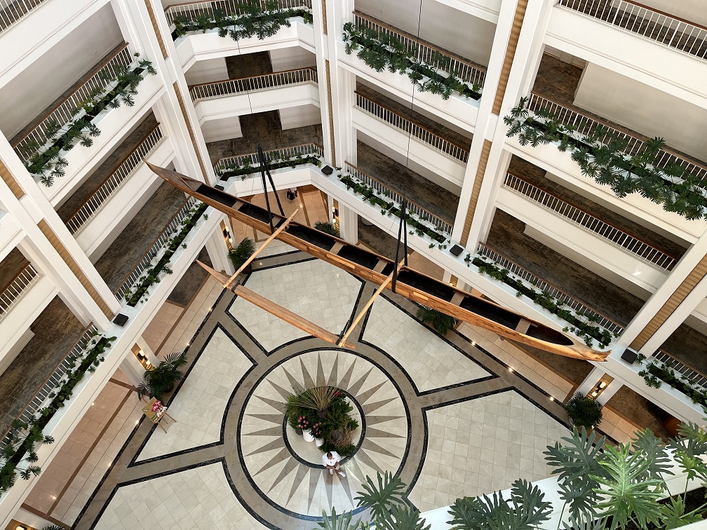 Outrigger canoe suspended in atrium of Four Seasons Ko Olina