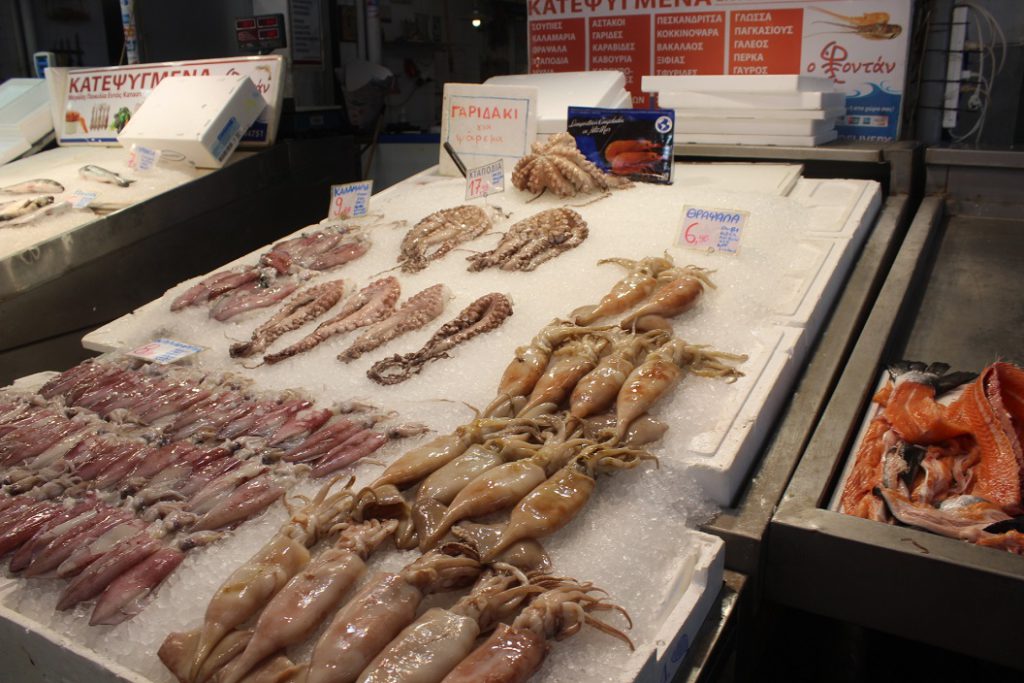 Fish vendor display at the Central Food Market in Athens in 2021.