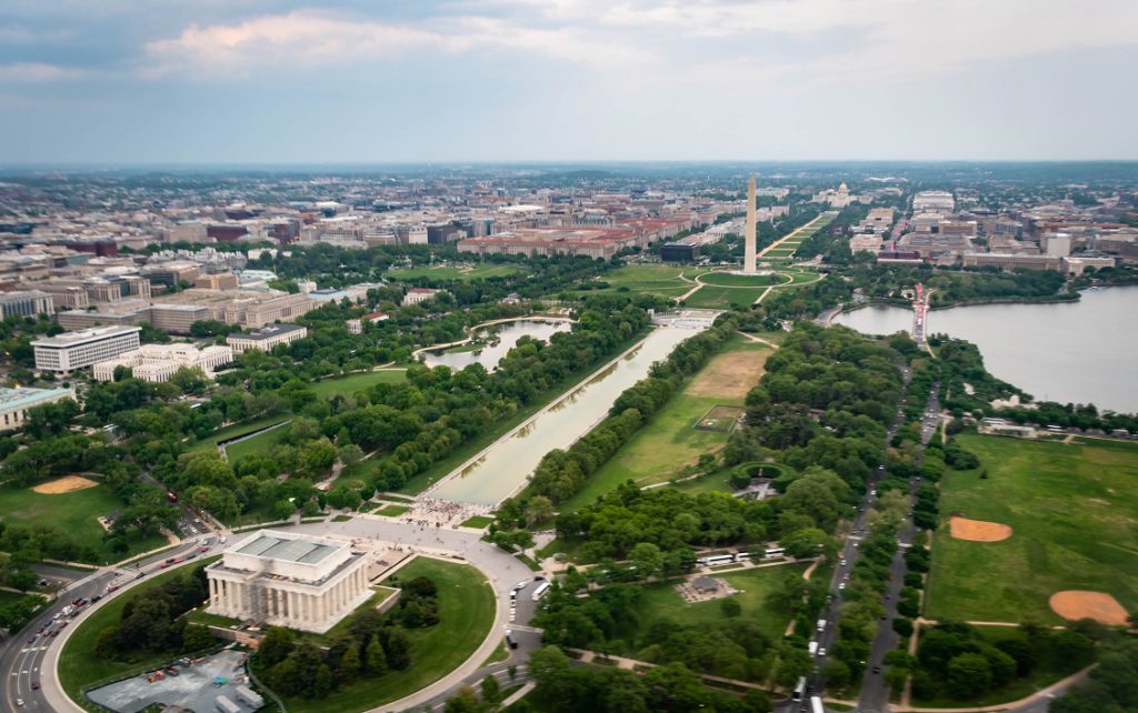 The Lincoln Memorial and the Washington Monument seen from the sky with the reflecting pool and the tidal basin on the national Mall in Washington DC,