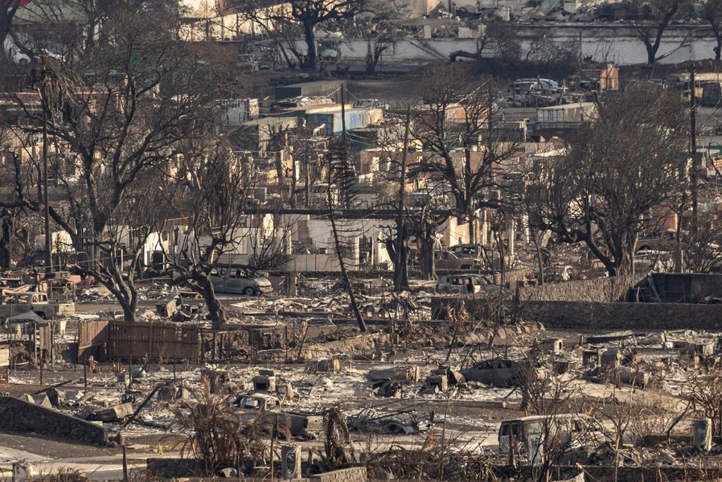 Charred remains of a burned neighbourhood is seen in the aftermath of a wildfire, in Lahaina, western Maui, Hawaii on Aug. 14, 2023. House Republicans are probing Hawaiian Electric Industries Inc.’s role in the deadly wildfire.