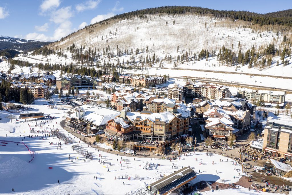 Aerial view winter recreation and sports in Copper Mountain in Colorado