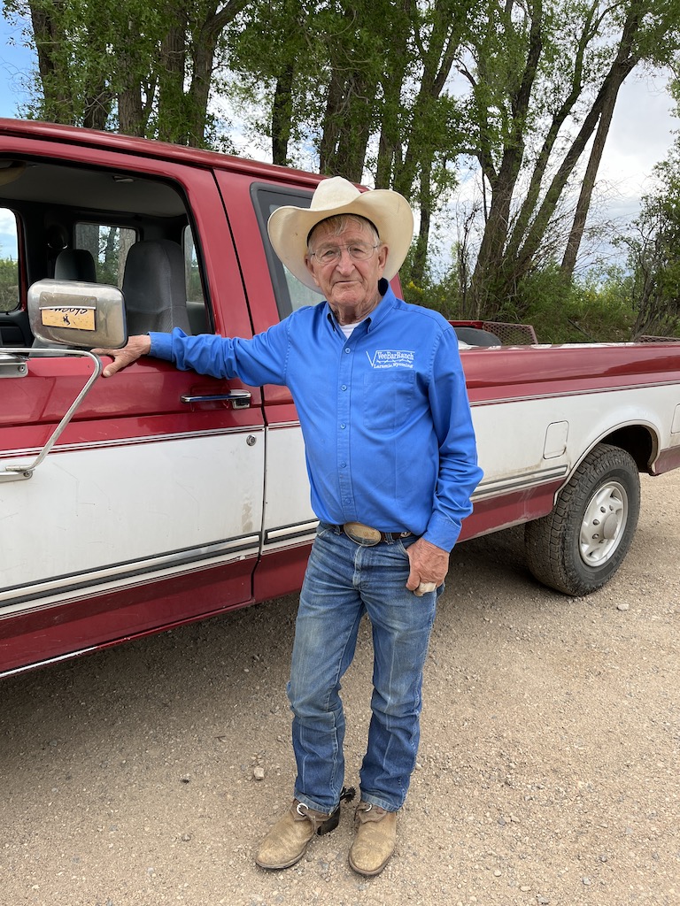 Tom George and his 300K pickup truck at Vee Bar Ranch in Wyoming