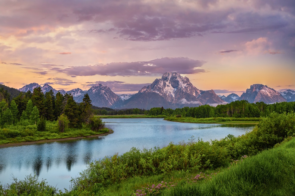Landscape seen from Oxbow Bend along the Snake River from Grand Teton National Park, Wyoming.