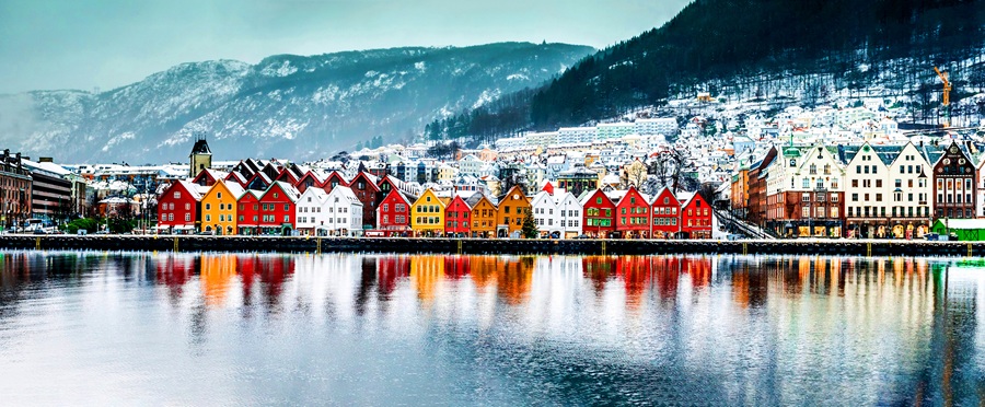 View of historical buildings in Bryggen- Hanseatic wharf in Bergen, Norway.