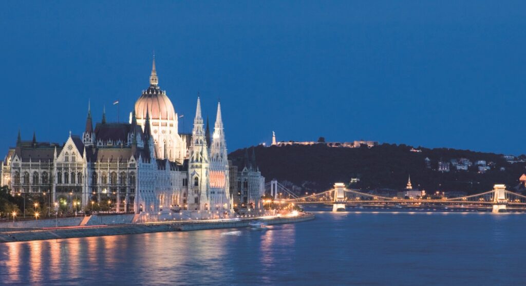 Budapest Hungary at night from a CroisiEurope river cruise