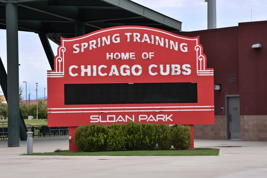Spring training sign of the Chicago Cubs. The red sign of the Chicago Cubs baseball team. The is at the spring training site in Mesa Arizona which is Sloan Park.