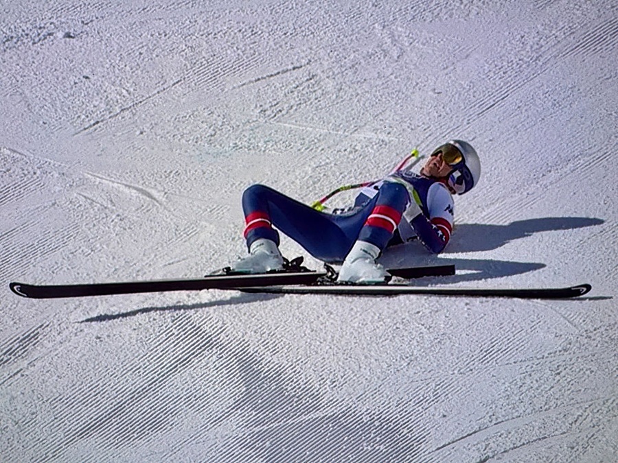 Lindsey Vonn of Team United States crashes during the Women's Downhill on day two of the Milano Cortina 2026 Winter Olympics at Tofane Alpine Skiing Centre on February 08, 2026 in Cortina d'Ampezzo, Italy. (Screengrab by IOC via Getty Images)