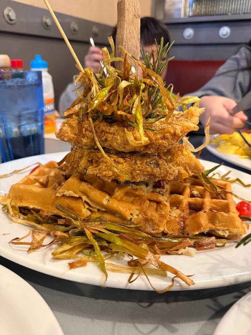 The Chicken And Waffles Arrive Like A Tower