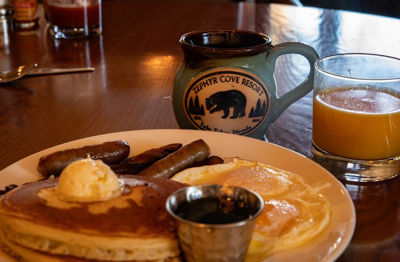 Classic American Breakfast With A Lake As Your Backdrop