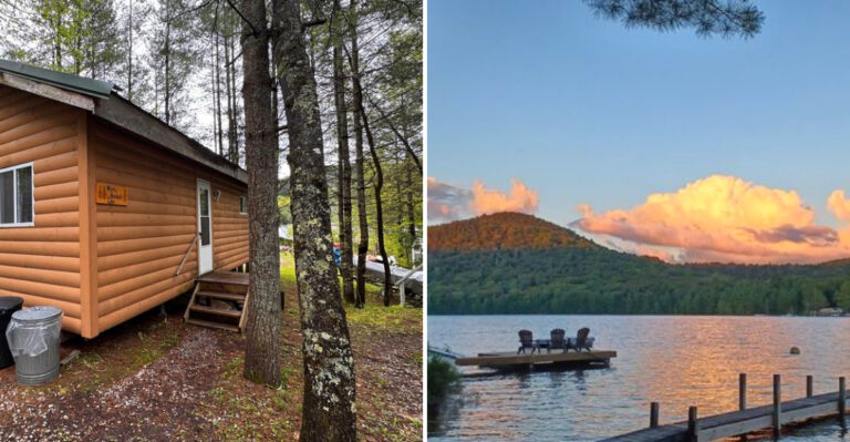 This Adirondack, New York Campground Has Cabins, A Swimming Beach, And A Mountain Lake In One Place