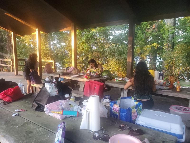Picnic Tables With A Lakeside Backdrop