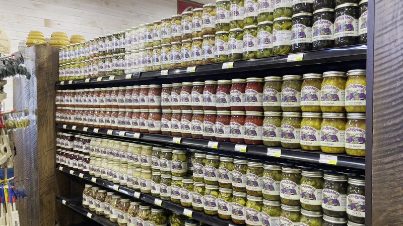 Shelves of Amish Jams, Jellies, and Honey