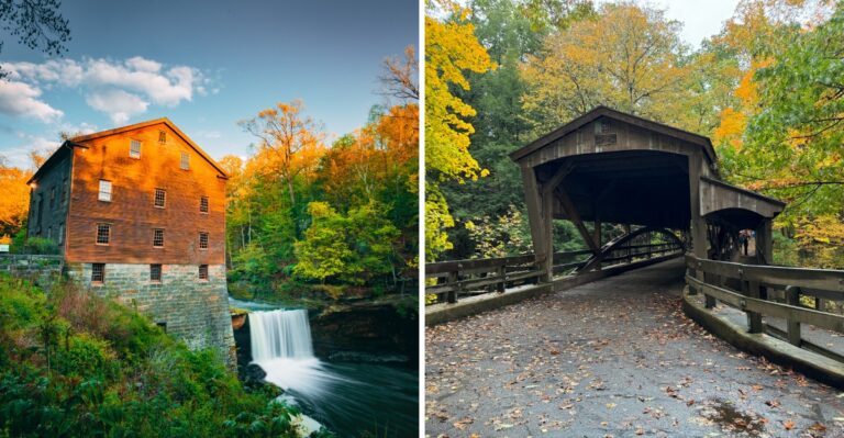 Water Powers A Grist Mill Beside A Waterfall And A Suspension Bridge In Ohio