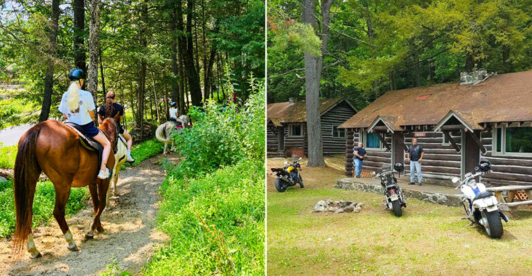 This New York Horseback Tour Crosses A Creek And Winds Through Forest With Mountain And Lake Views